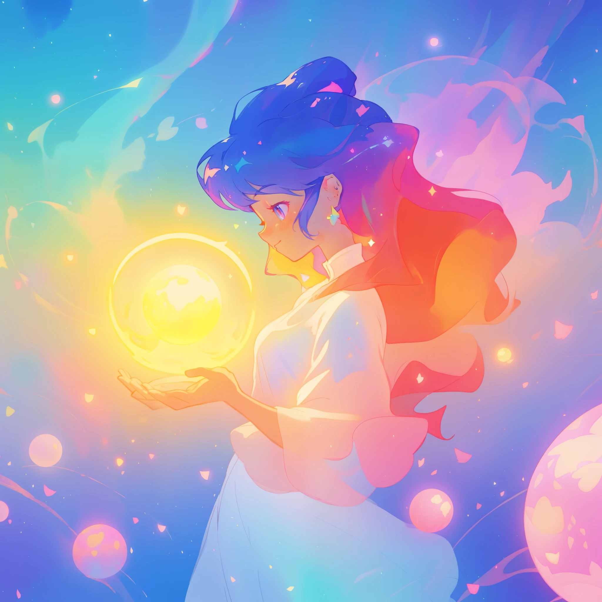 beautiful girl in sparkling white dress holding a glowing magical sphere, glowing ballgown, (magical, whimsical), (magical orb), long flowing colorful hair, colorful fantasia background, watercolor illustration, disney art style, glowing aura around her, glowing lights, beautiful digital illustration, fantasia otherworldly landscape plants flowers, beautiful, masterpiece, best quality, anime disney style, (perfect hands), profile view, eyes closed, looking at the orb