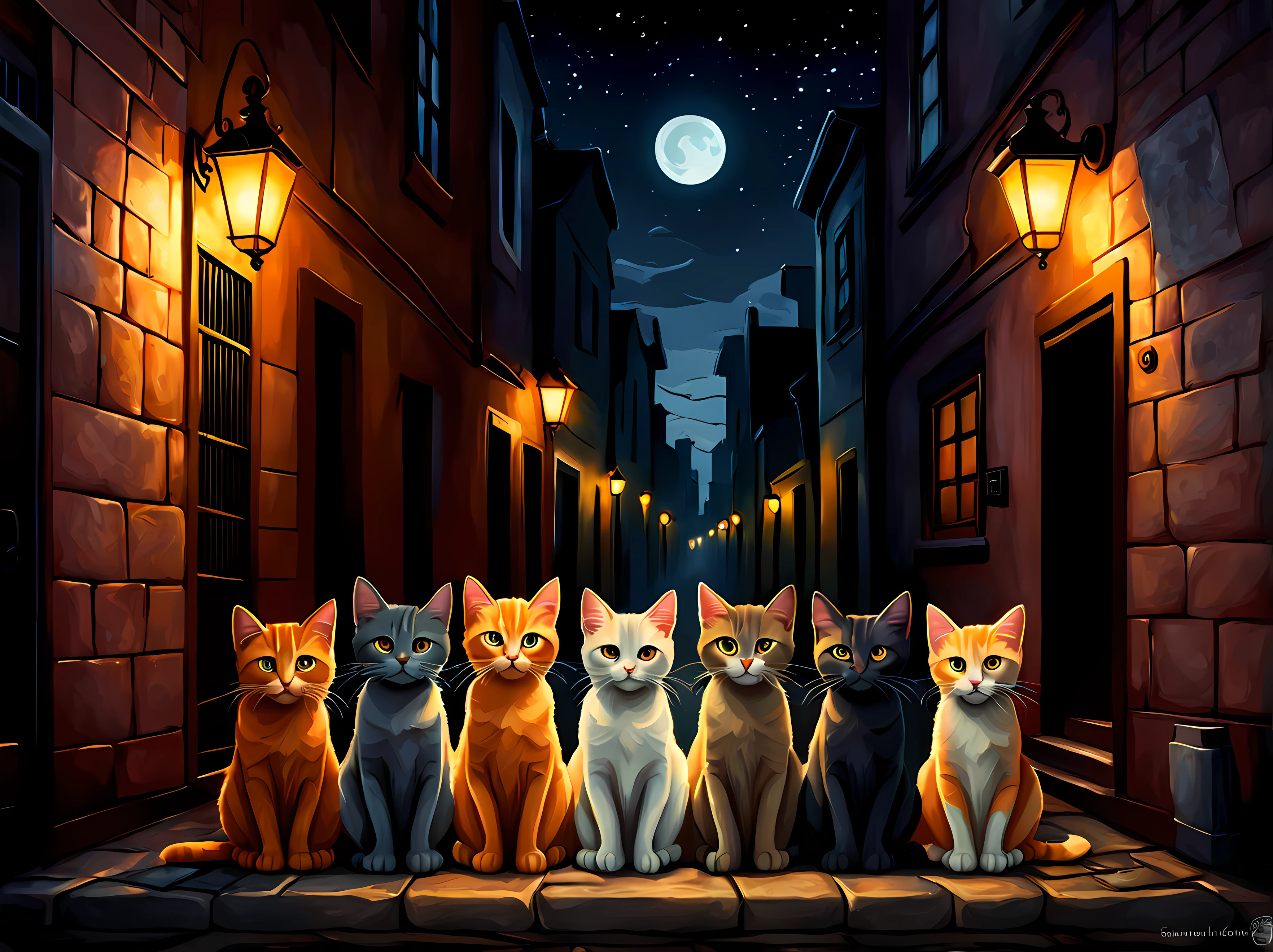 (symmetrical:1.3), breathtaking art nouveau style painting, (front view:1.3), somber moonlit alleyway where shadows stretch and whispers echo, a litter of poor little kittens huddle together, their innocent eyes reflecting the hardship they have endured, explore the tale of these forsaken felines navigating a world of darkness and uncertainty as they strive to find warmth love and a glimmer of hope, pastel colors