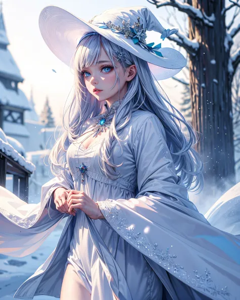 (masterpiece,best quality:1.5), photorealistic, vivid, vibrant ,1girl, solo, looking at viewer, crystalise eyes, ice, white dress, cystalize hair ornaments, white witch, white witch hat, white witch cloak ,glowing, snow, glowing eyes, snowy background, win...