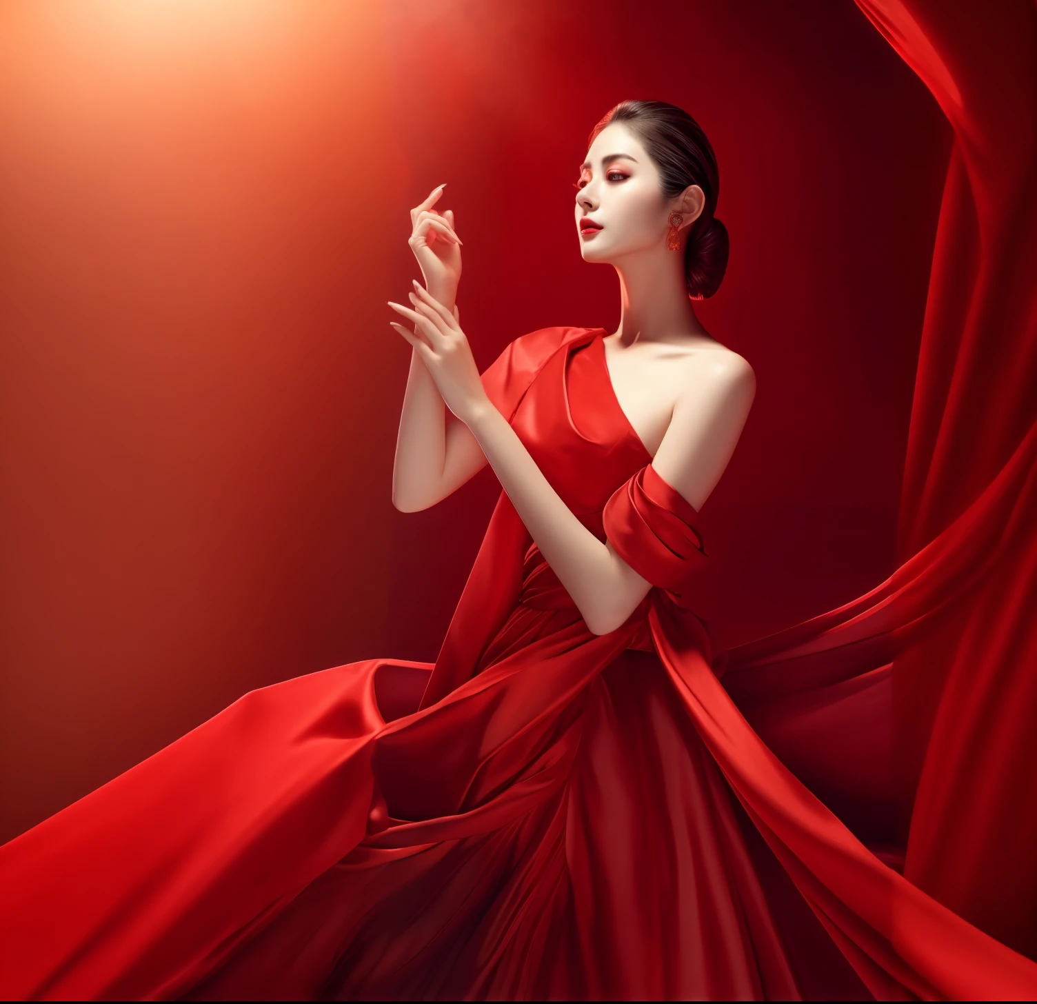 One was wearing a red dress、Woman with cigarette in hand, Red silk flowy fabric, girl wearing a red dress, elegant red color dress, Red clothes, Red realistic 3D rendering, digital art of an elegant, wearing red clothes, in a red dress, wearing red clothes, red cloth, Red is the main color, Wear red, Glowing red, Red dress