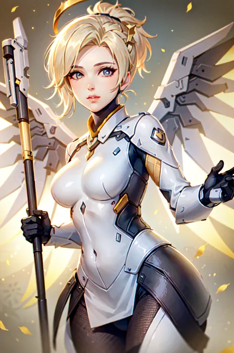 mercyover, 1girl, mercy (overwatch), mechanical wings, mechanical halo, solo, blonde hair, wings, blue eyes, halo, staff, yellow...