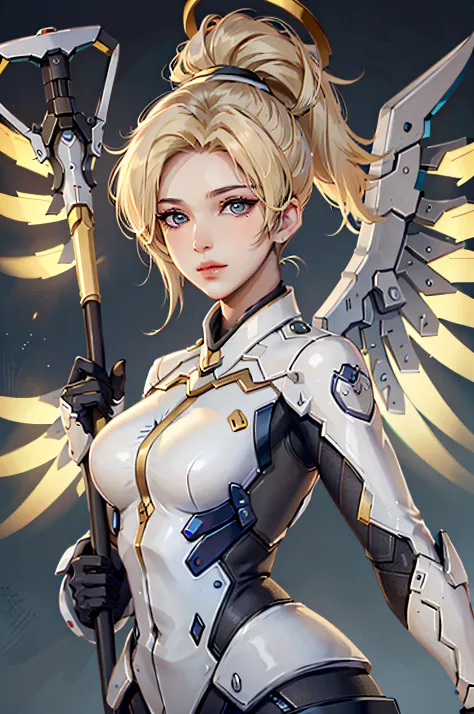 mercyover, 1girl, mercy (overwatch), mechanical wings, mechanical halo, solo, blonde hair, wings, blue eyes, halo, staff, yellow...