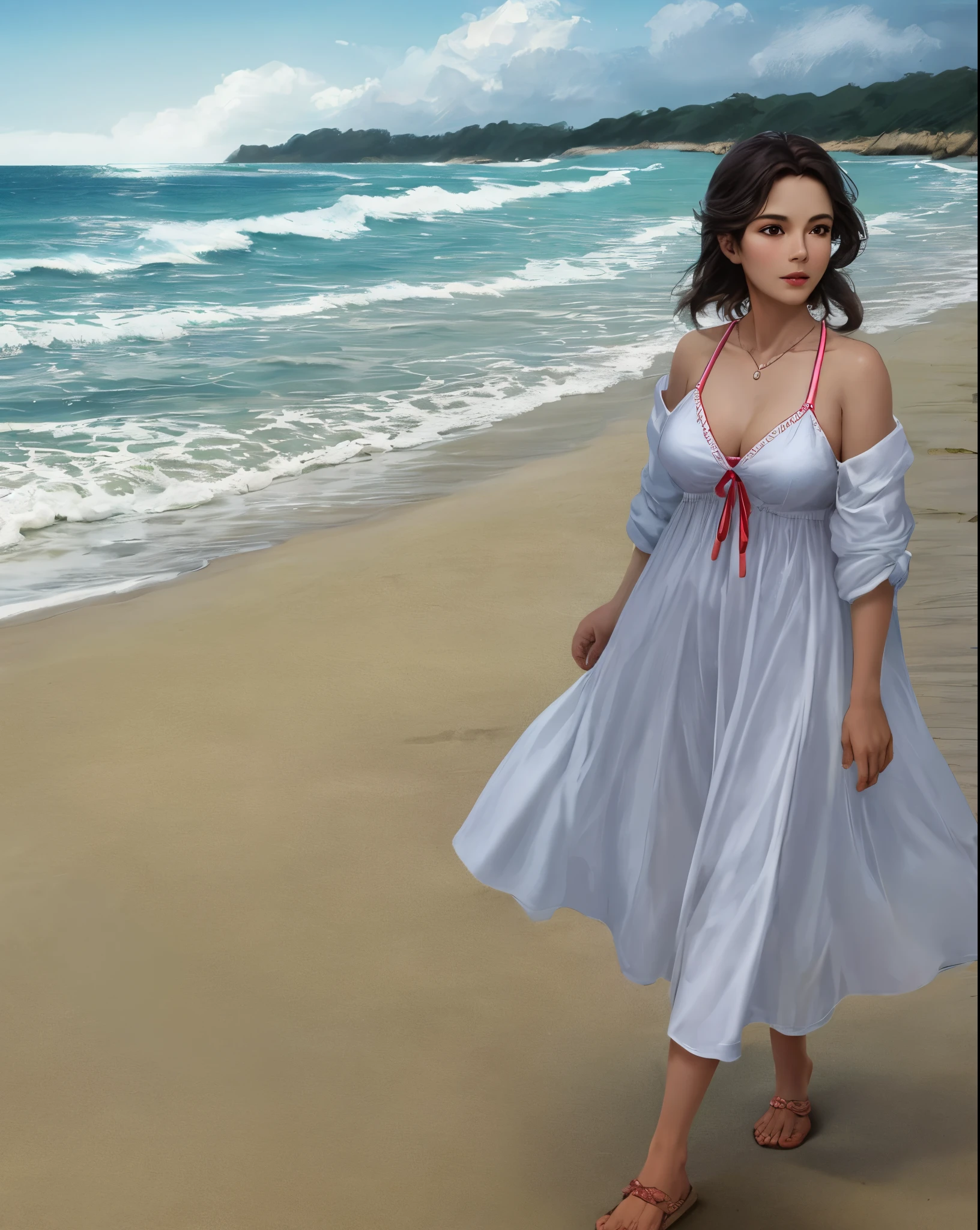 Painting of a woman in a white dress walking on a beach - SeaArt AI