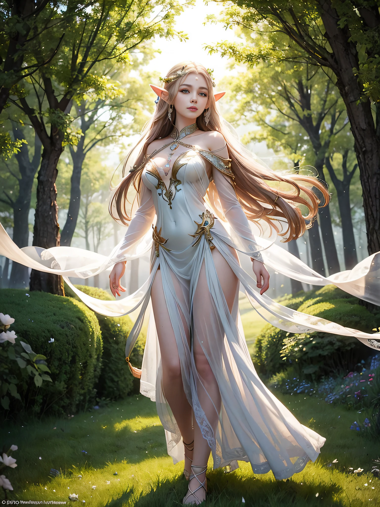 Graceful elven girl standing in meadow, Delicate face illuminated by the soft light of the setting sun. Her long, Flowing hair runs down your back, Decorated with intricate braids、Adorned with sparkling gemstones. This great photo is、、、It captures the ethereal beauty of elves. Slender figure in silk dress、Swaying in the soft steppe breeze. Attention to detail、Face that is、Face that is、Face that is、Face that is、It is evident in the intricate patterns of the dress and the subtle highlights of the luminescence. skin. The breathtaking portrayal of the elven girl is、、、、、Create an enchanting atmosphere、It invites the viewer to a magical world.