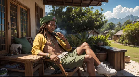 ultra hd, Bob marley with reggae hat out of his house smoking a joint watching the weed garden