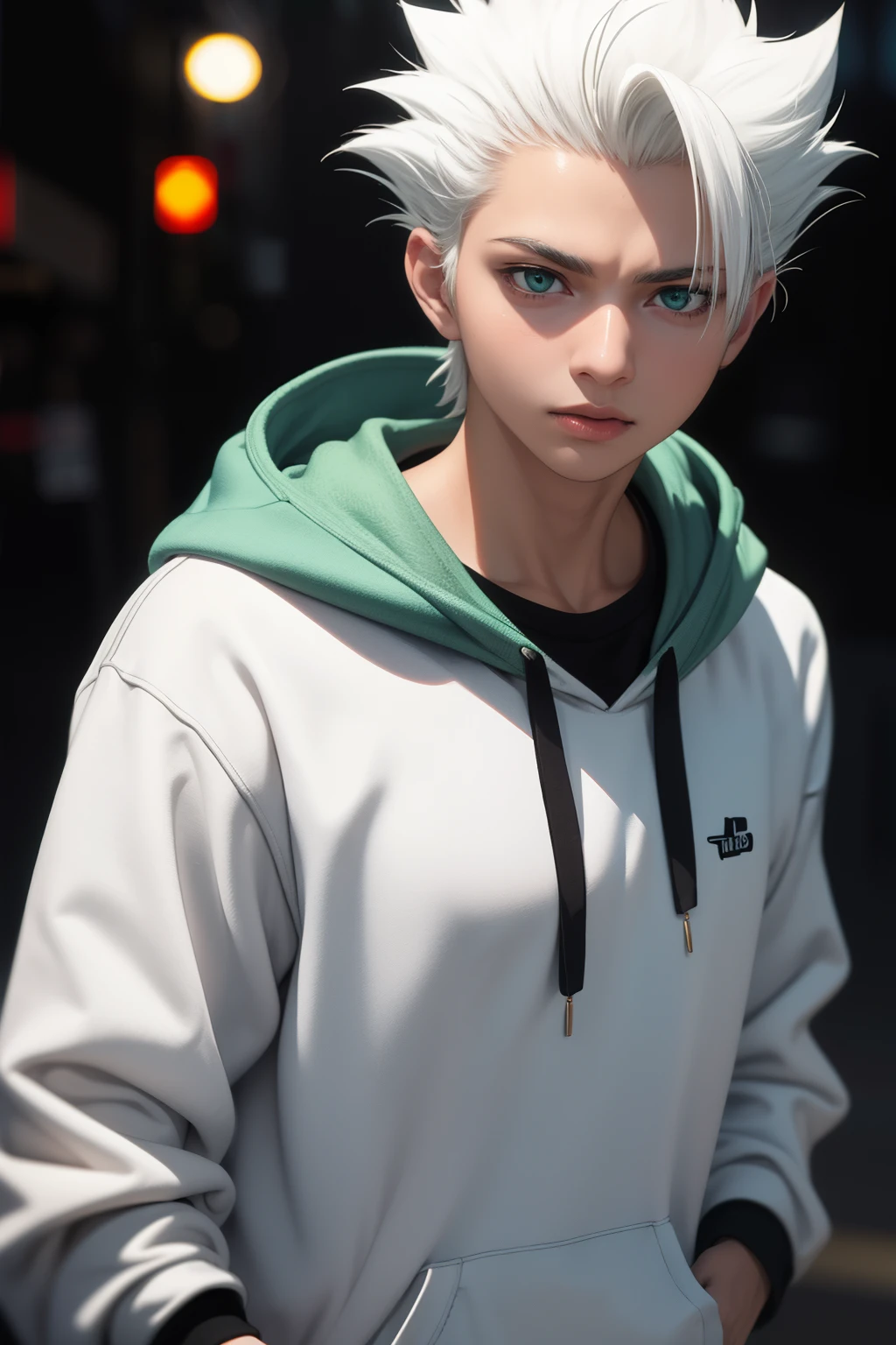 Meisterwerk, beste Qualität, gute Qualität, 1 Junge, Allein, männlicher Fokus, Betrachter betrachten, Oberkörper, hitsugaya_toushirou, trage Streetwear Hoodie, dynamische Beleuchtung, unscharfer Hintergrund