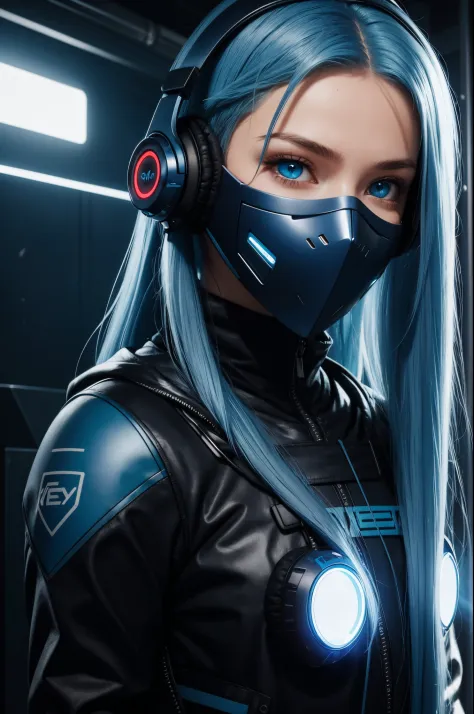 girl with long blue hair, blue eyes, futuristic vibes, mask on mouth, headphones, 8k, high quality, simple background, glowing e...