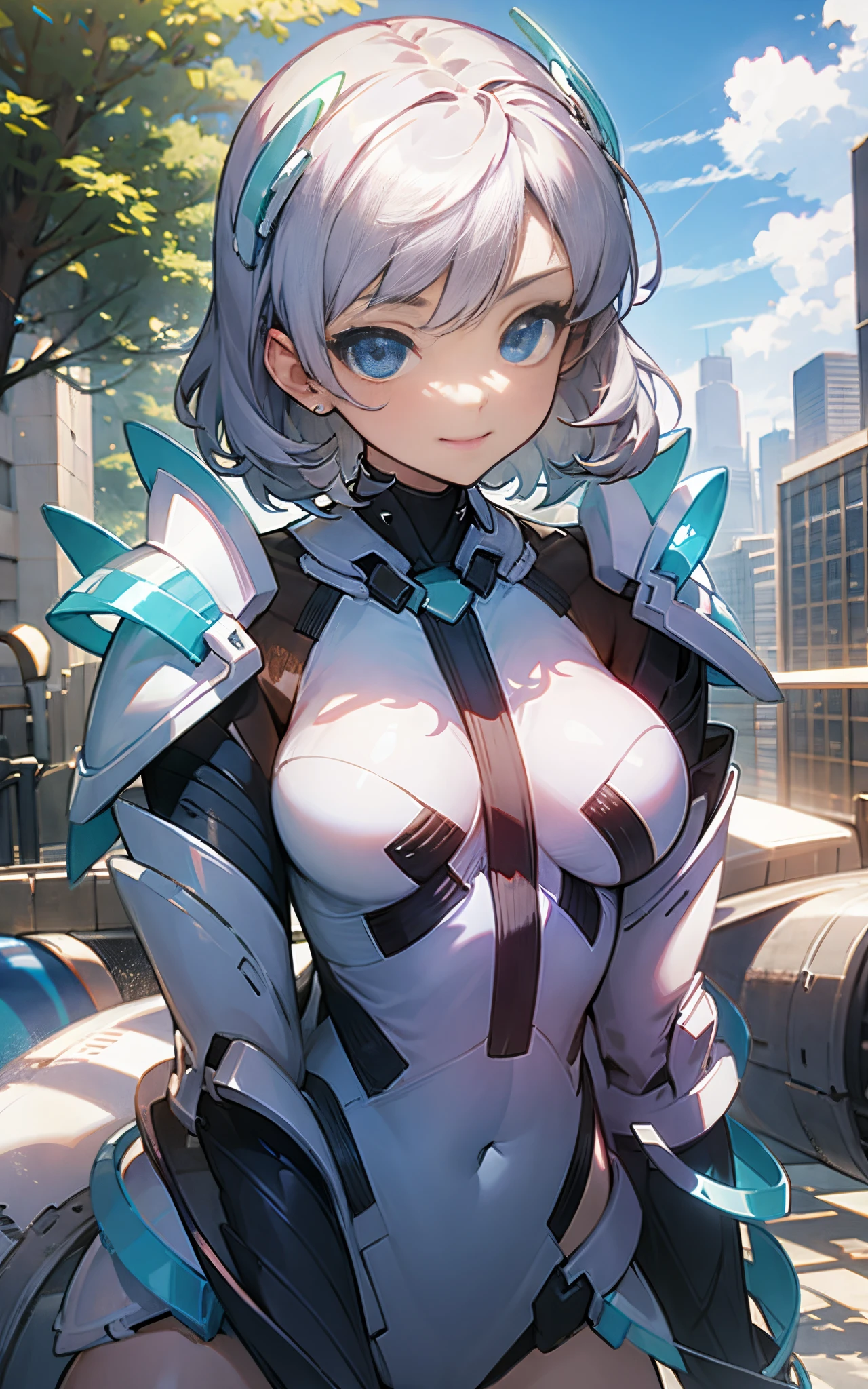 lightsmile, deva battle suit, Outdoors, Silver hair, bobhair, Blue eyes, waist shot