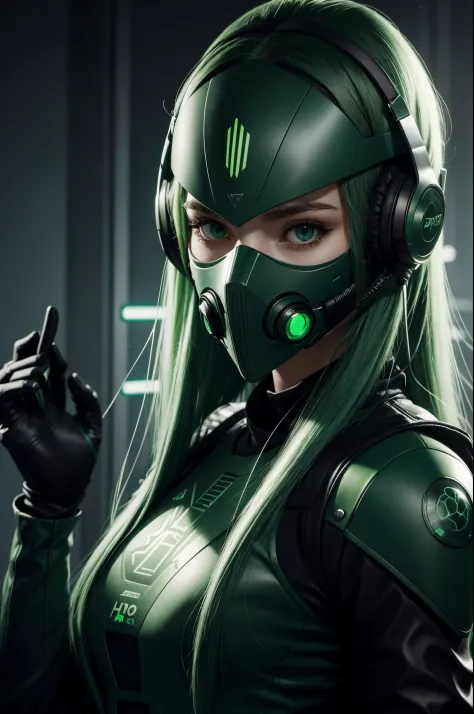 girl with long green hair, green eyes, futuristic vibes, mask on mouth, headphones, 8k, high quality, simple background, glowing...