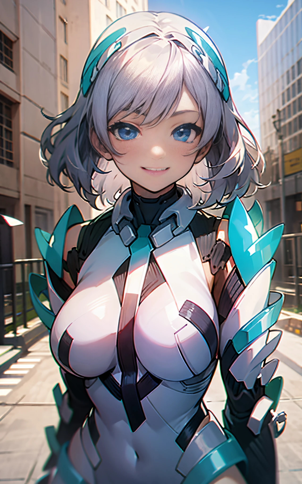 lightsmile, deva battle suit, Outdoors, Silver hair, bobhair, Blue eyes, waist shot