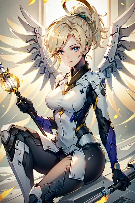 mercyover, 1girl, mercy (overwatch), mechanical wings, mechanical halo, solo, blonde hair, wings, blue eyes, halo, staff, yellow...