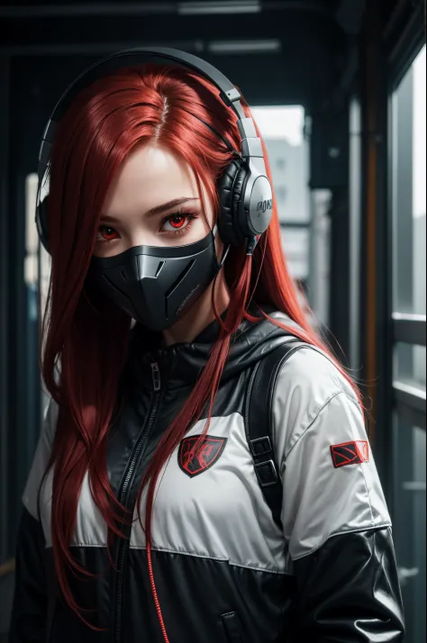 girl with long red hair, red eyes, futuristic vibes, mask on mouth, headphones, 8k, high quality, simple background, glowing eye...