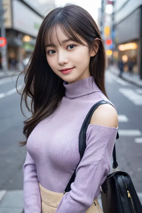 (Colossal tits、light purple turtleneck knit、Shoulder bag)、(top-quality,​masterpiece:1.3,超A high resolution,),(ultra-detailliert,...