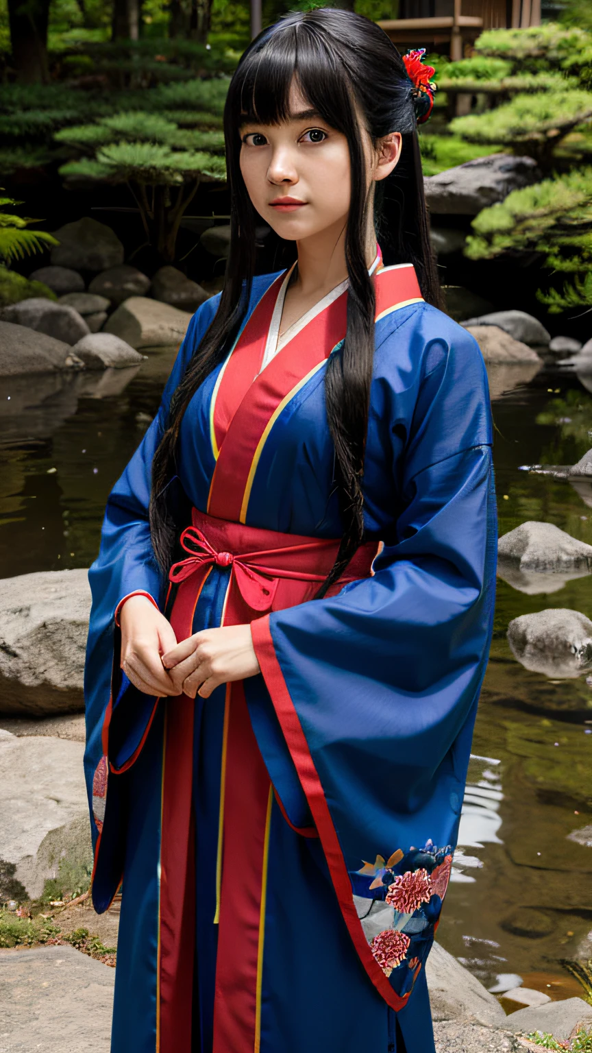 1girl, long hair, black hair, fish, blue eyes, kimono, japanese clothes, solo, red kimono, very long hair, looking at viewer, wide sleeves, bubble, long sleeves, parted bangs, standing, holding, bangs, animal, air bubble, water