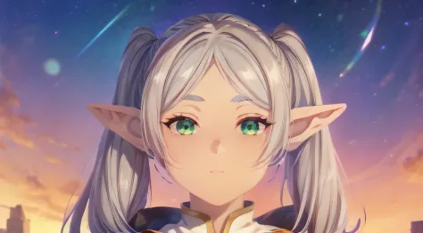 An elf girl,Twin tails with gray hair、White robes and skirts、Black tights、Brown boots,Green eyes,Parted bangs,Thick eyebrows,Bea...