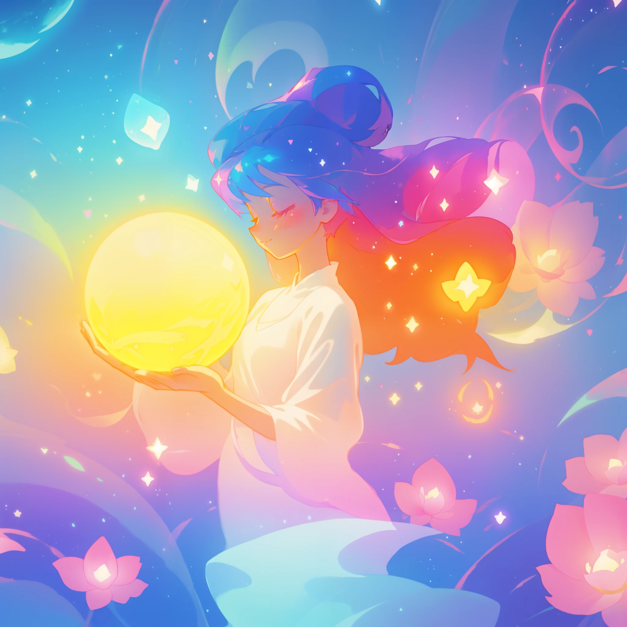 美しい girl in sparkling white dress holding a glowing 魔法の sphere, 光る夜会服, (魔法の, 気まぐれな), (魔法の orb), 長く流れるようなカラフルな髪, カラフルなファンタジアの背景, 水彩イラスト, ディズニーアートスタイル, 彼女の周囲に輝くオーラ, 光るライト, 美しい digital illustration, 幻想的な異世界の風景植物花, 美しい, 傑作, 最高品質, アニメディズニースタイル, (完璧な手), プロフィールビュー, 目を閉じて, オーブを見ている