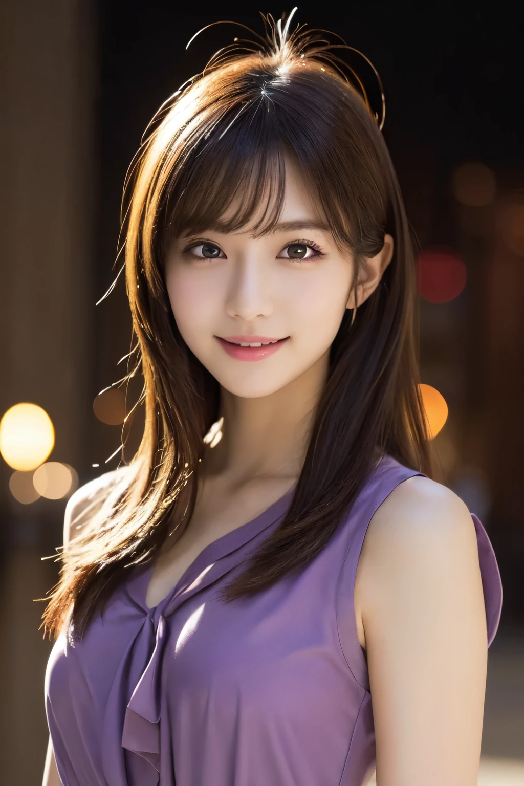 1girl in, (Wearing a purple blouse:1.2), (Raw photo, Best Quality), (Realistic, Photorealsitic:1.4), masutepiece, Extremely delicate and beautiful, Extremely detailed, 2k wallpaper, amazing, finely detail, the Extremely Detailed CG Unity 8K Wallpapers, Ultra-detailed, hight resolution, Soft light, Beautiful detailed girl, extremely detailed eye and face, beautiful detailed nose, Beautiful detailed eyes, Cinematic lighting, city light at night, Perfect Anatomy, Slender body, Smiling