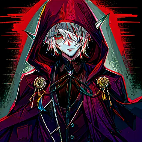 anime - imagem estilo de um homem com cabelo branco e capa preta, feiticeiro masculino malvado, he's very menacing and evil, Sen...