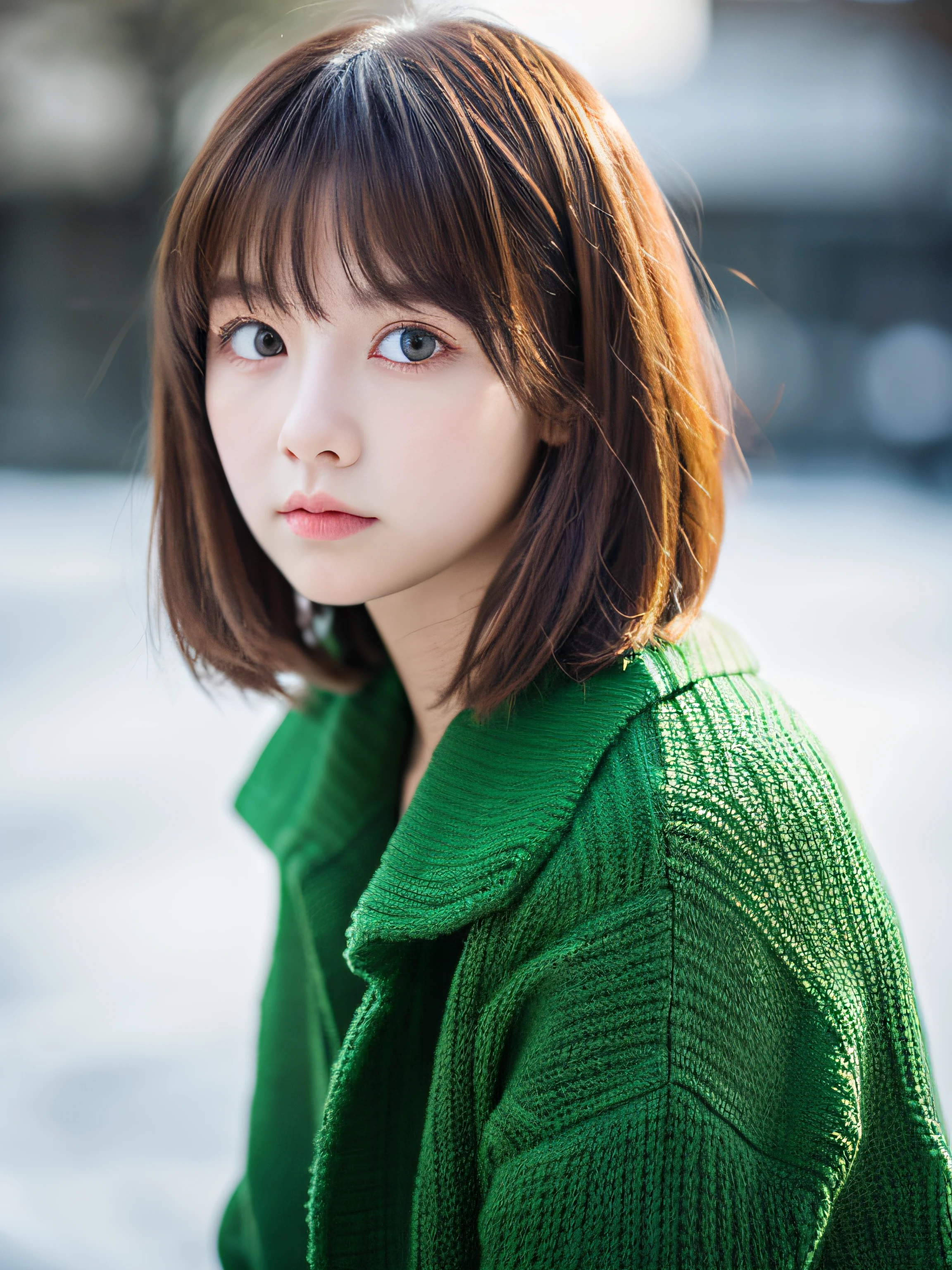 girl, Brown hair, bob Haircut, With bangs, Purple snow jacket and green sweater, folded hands, A little serious look, Big eyes,  White Gloves, Blue eyes,