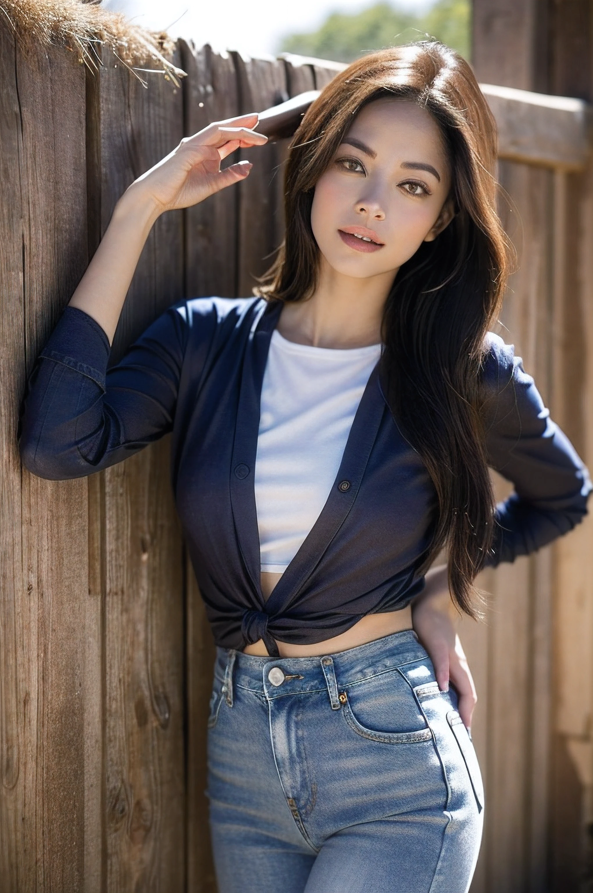 Kristin Kreuk, 18yr old, cabello rubio(Figura alta y esbelta), The tall woman is in the dark haystack, pacas de heno por todas partes, puesta del sol, (bashful), arms behind the body, Small head, little guy_senos:1,8, top de jeans rotos, Tapa corta, cuerpo completo, ombligo, 鎖骨, de costes, Mirando al espectador, Falda micro denim, ((La falda no esconde tu)), ((Cara y ojos realistas detallados)), cinematography lighting, 8K resolution