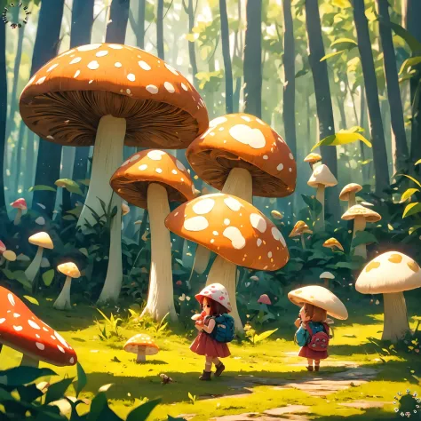 anime girl with mushroom hat and backpack walking through a forest, official art, cute detailed digital art, adorable digital pa...