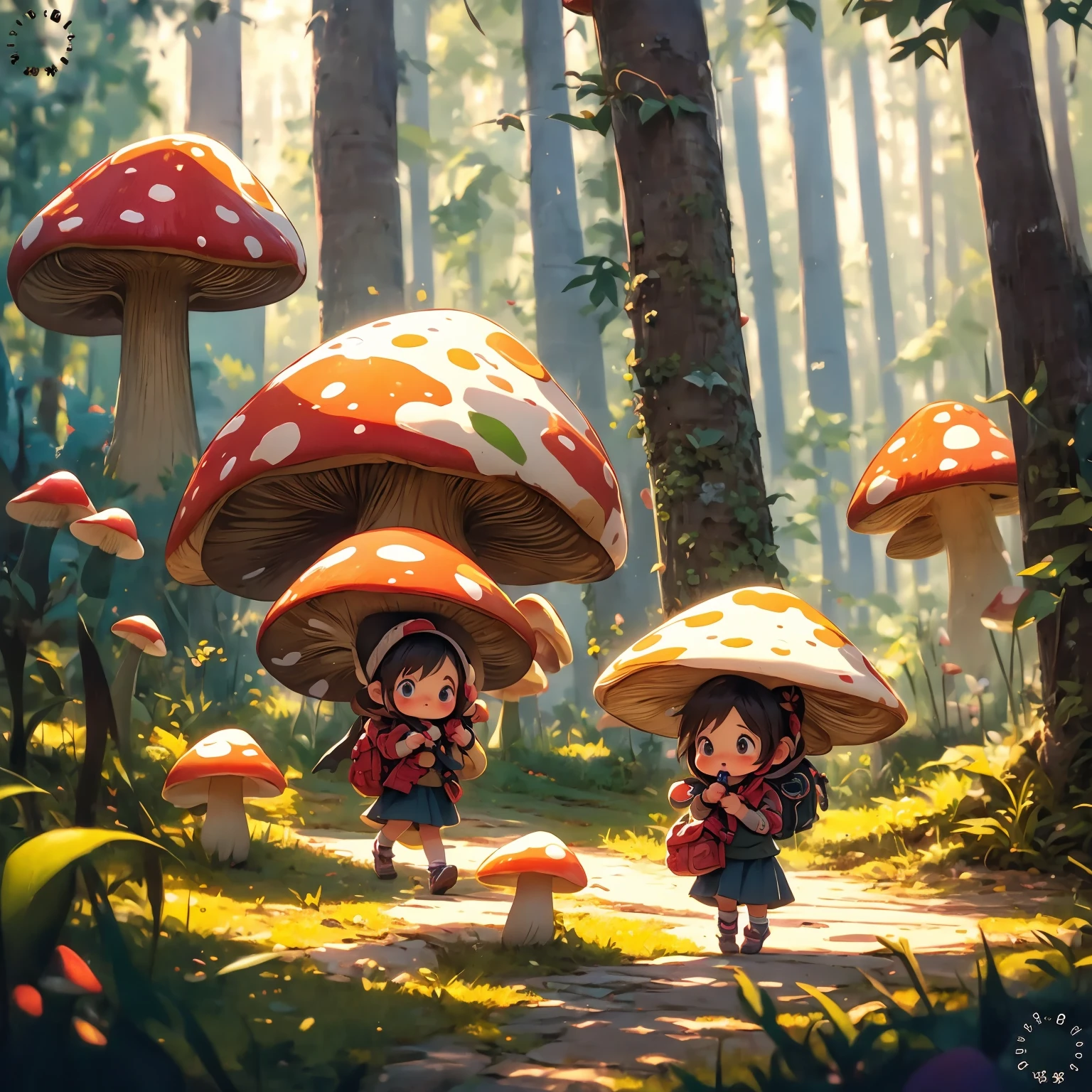 anime girl with mushroom hat and backpack walking through a forest, official art, cute detailed digital art, adorable digital painting, official artwork, mushroom forest, 🍁 cute, cute digital art, cute forest creature, cute art style, mushroom, 🍂 cute, official illustration, eating a mushroom, cute anime girl, with a cute toad, game art!!, character art of maple story