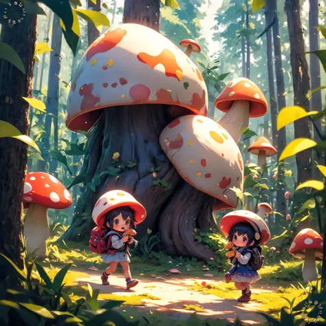 anime girl with mushroom hat and backpack walking through a forest, official art, cute detailed digital art, adorable digital pa...