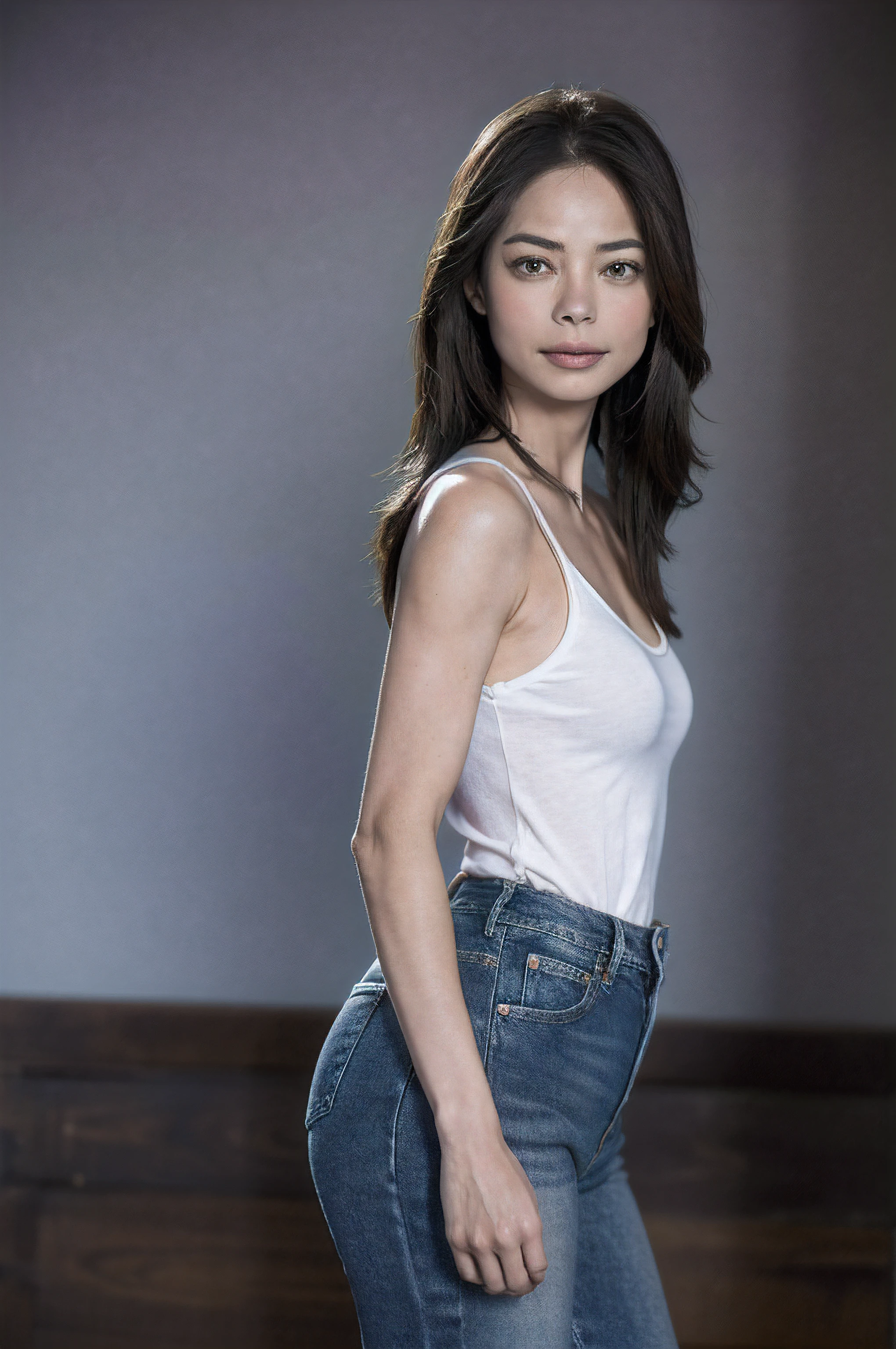 A close up of a woman in jeans and a white top - SeaArt AI