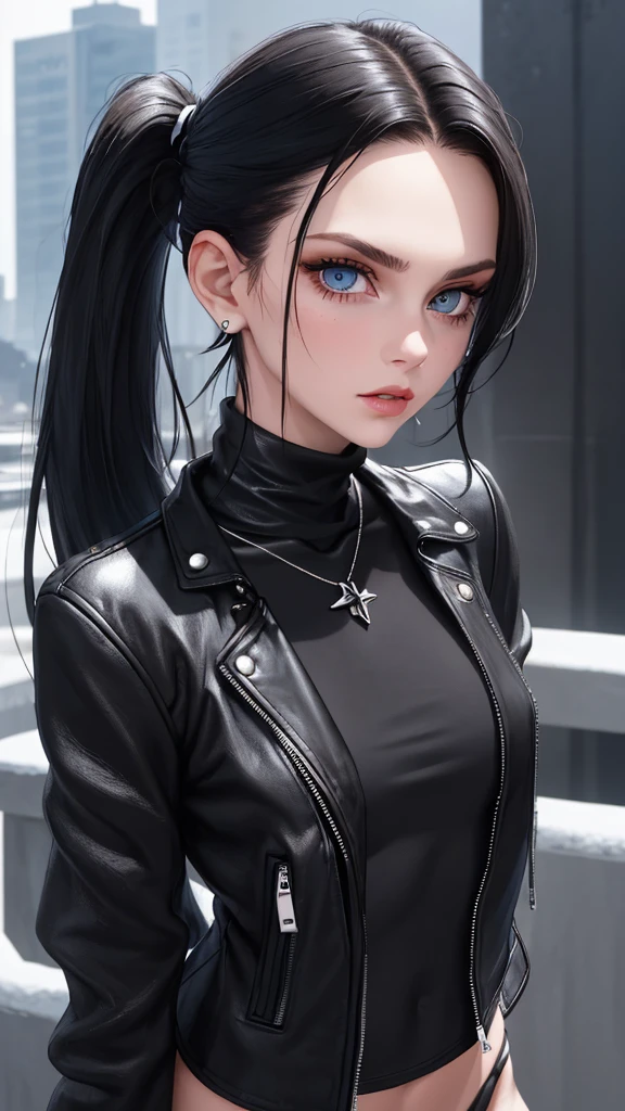 (ultra realistic, best quality, masterpiece, perfect face) black hair, long hair, pony tail, 18 year old, looking intensely at viewer, punk style clothing, black clothes, silver necklace, silver earrings, plump juicy lips, pale skin, pale blue eyes, symmetrical, background: snowy mountains, correct body proportions, black turtleneck long-sleeved shirt, leather jacket