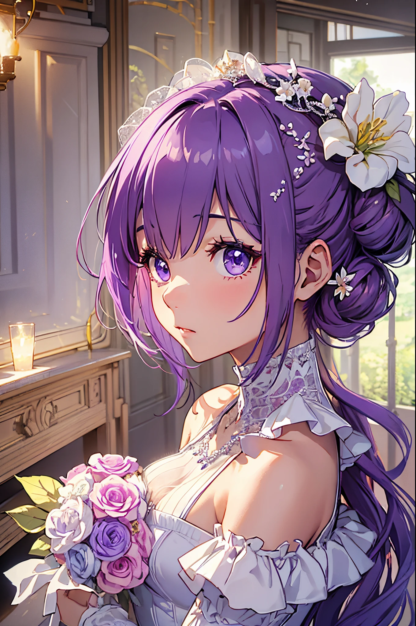 ​masterpiece、high detail girls（（solo、a beauty girl、doress、Hair ornaments with attention to detail、Hair is tied up））、purple color  hair、Good、Short Bob、Background with((fantastic wedding))、Glowing flower garden、diamond flower