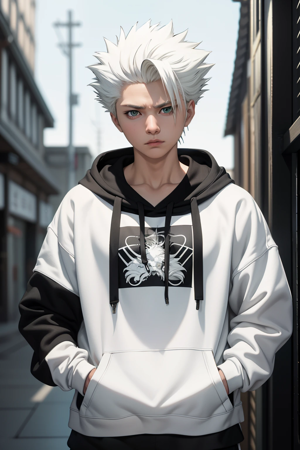 Obra maestra, mejor calidad, alta calidad, 1 chico, solo, enfoque masculino, mirando al espectador, parte superior del cuerpo, Hitsugaya_Toushirou, usando sudadera con capucha streetwear, iluminación dinámica, fondo borroso