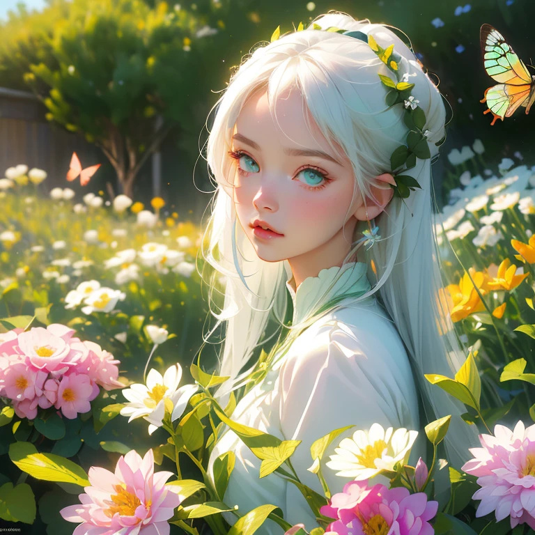 (((best quality))), (((ultra detailed))), (((masterpiece))), illustration,
flowers, garden, 1girl, butterfly style, butterflies, ultra detailed, white hair, light green eyes,