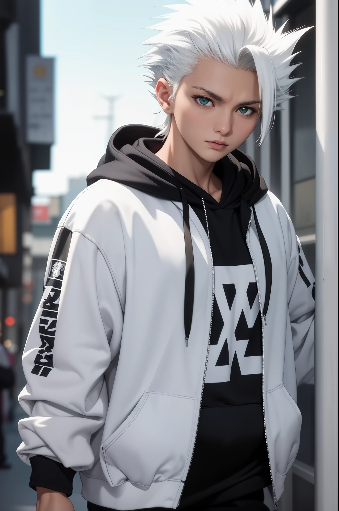 Meisterwerk, beste Qualität, gute Qualität, 1 Junge, Allein, männlicher Fokus, Betrachter betrachten, Oberkörper, hitsugaya_toushirou, trage Streetwear Hoodie, dynamische Beleuchtung, unscharfer Hintergrund