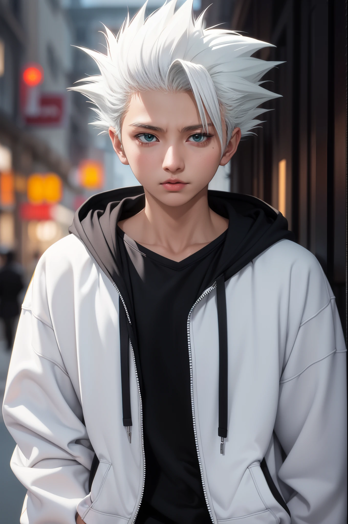 obra de arte, melhor qualidade, alta qualidade, 1 menino, Sozinho, foco masculino, Olhando para o visualizador, tronco, hitsugaya_Toushirou, vestindo moletom com capuz streetwear, iluminação dinâmica, fundo desfocado