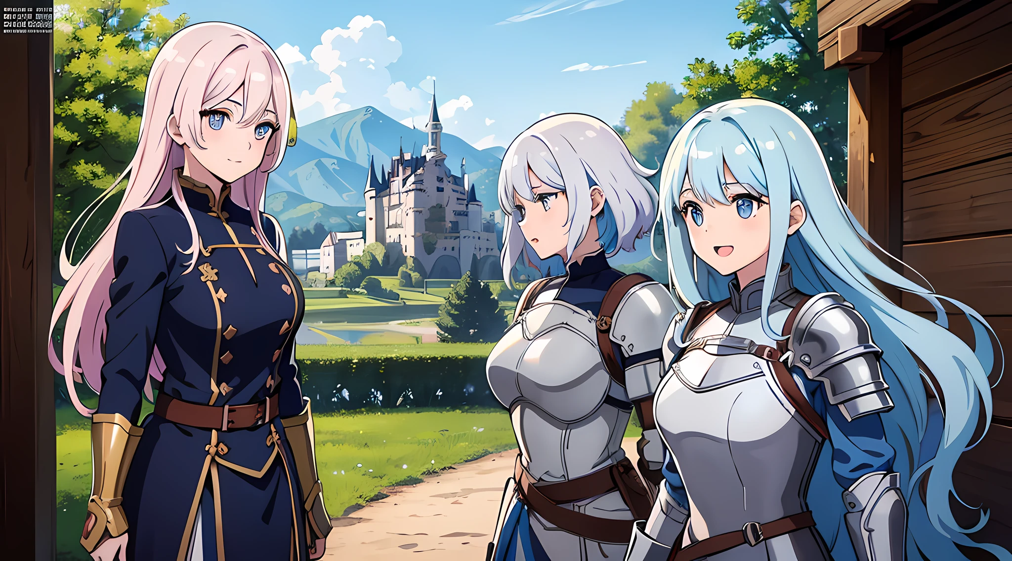 (3 moe girls), (beautiful eyes finely detailed, face to detail, multi color hair, long hair), knight armored, half body illustration, laughing together, talking together, walking together, the background is near the castle after a great war, masterpiece, top-quality, detailed, high resolution illustration