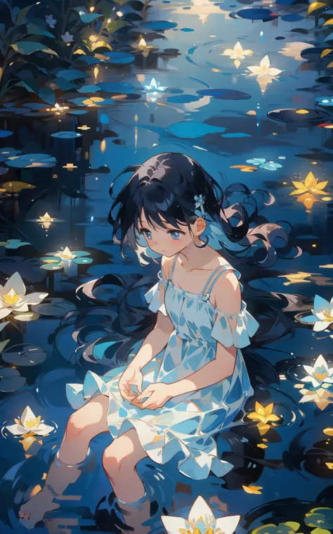 9. Blue reflection：Female sitting by a tranquil blue pond，Her reflection blends in with the nature around her。The surface of the...