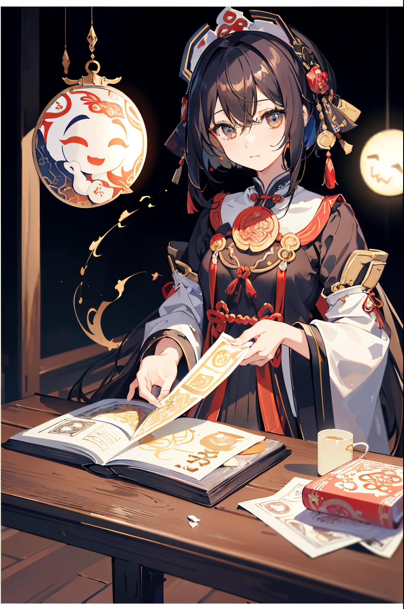 Anime girl reading a book in a dark room with a lantern hanging above her -  SeaArt AI