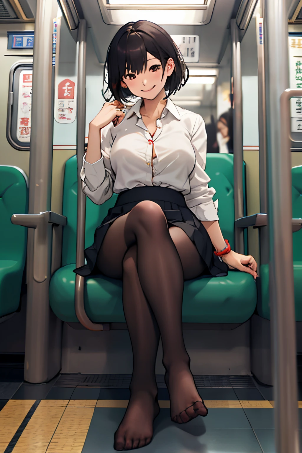 Anime girl sitting on a train seat with her legs crossed - SeaArt AI