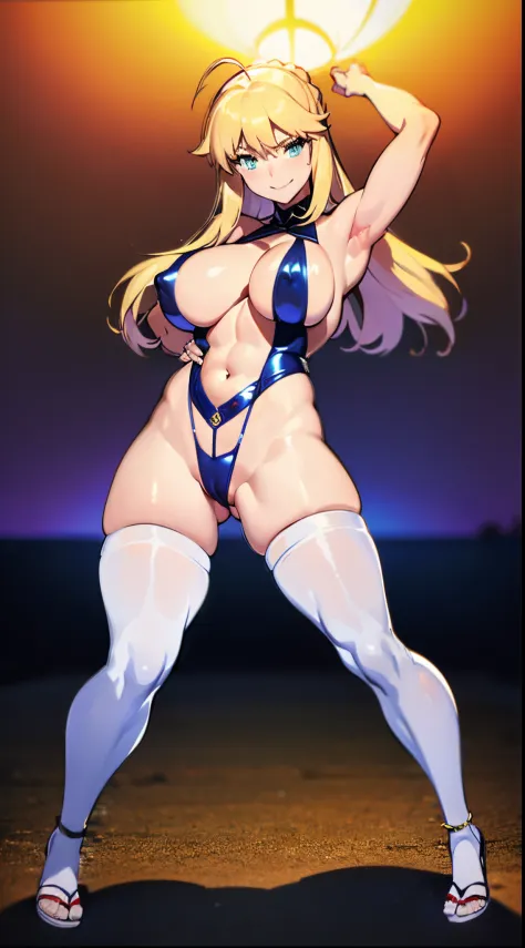NSFW、（masutepiece、of the highest quality、Best Quality）artoria、Colossal tits、Photorealsitic、（Rolling eyes:1.5）、masturbation、Smile embarrassedly、heart mark、NSFW、Vegas Casinos、Slingshot swimsuit、Navel costume、neck tie、tights、