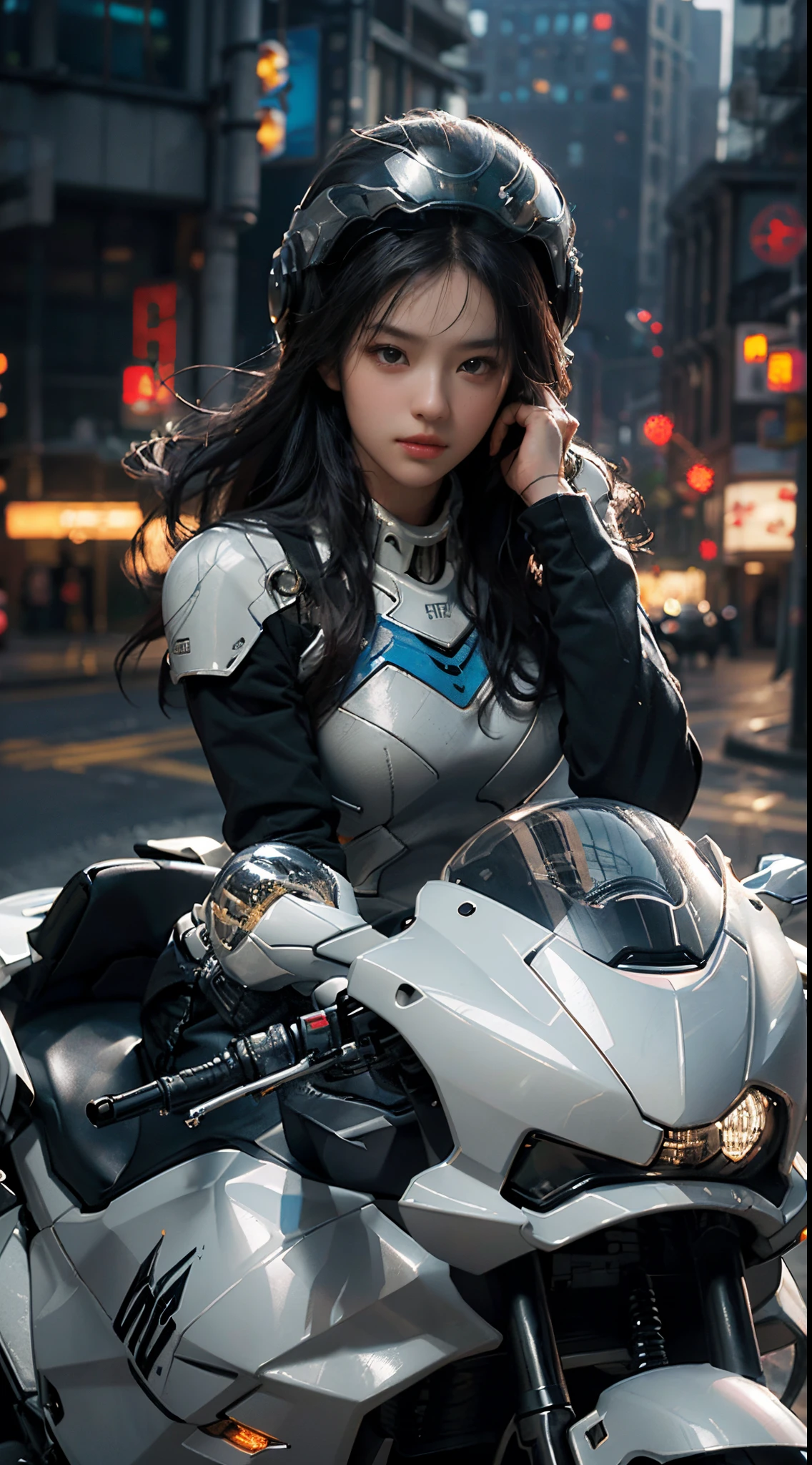 Highest image quality, outstanding detail, ultra-high resolution, (realism: 1.4), the best illustration, favor details, highly condensed 1girl, looking at viewer,with a delicate and beautiful face, wearing a silver mech, wearing a mecha helmet, holding a directional controller, riding on a motorcycle, the background is a high-tech lighting scene of the future city.