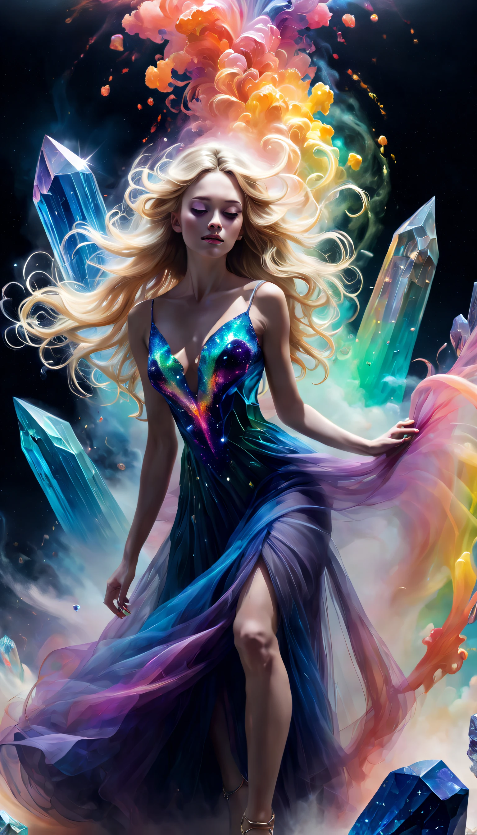 romanticism lain, hyper HD, Ethereal, mistic, Full body portrait of a beautiful and charming young woman, Flawless face, Endless extra-long blonde hair, flow around her, blown away by the wind, (A soft rainbow smoke floats around her body) like an elegant dress ((Made of vibrant and vivid, smooth private parts, Soft swirls of billowing smoke and colorful cosmic nebulae)), the are In the background ((Stunning crystals and a variety of colorful minerals: 1.6)), Fantasyart, photo-realism, Hyper-realism, The is very detailed, Popular topics on artstationh, Focus sharp, The best shadow, Best quality at best, dynamic compositions, studio photo, Complicated details, primitive, simulating, Digital SLR, smile, Cinematic, Surrealism, Contemporary art, cinematic lighting, ray tracing, god rays, 16k, UHD, best quality, highres, high quality, textured skin, masterpiece