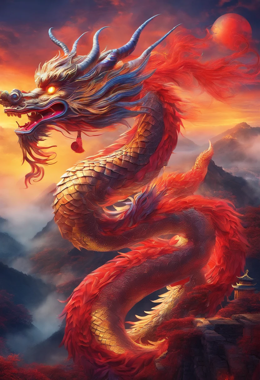 A Chinese dragon，New Year atmosphere，lanterns，the great wall，buliding，，moon full，cloud，动态照明