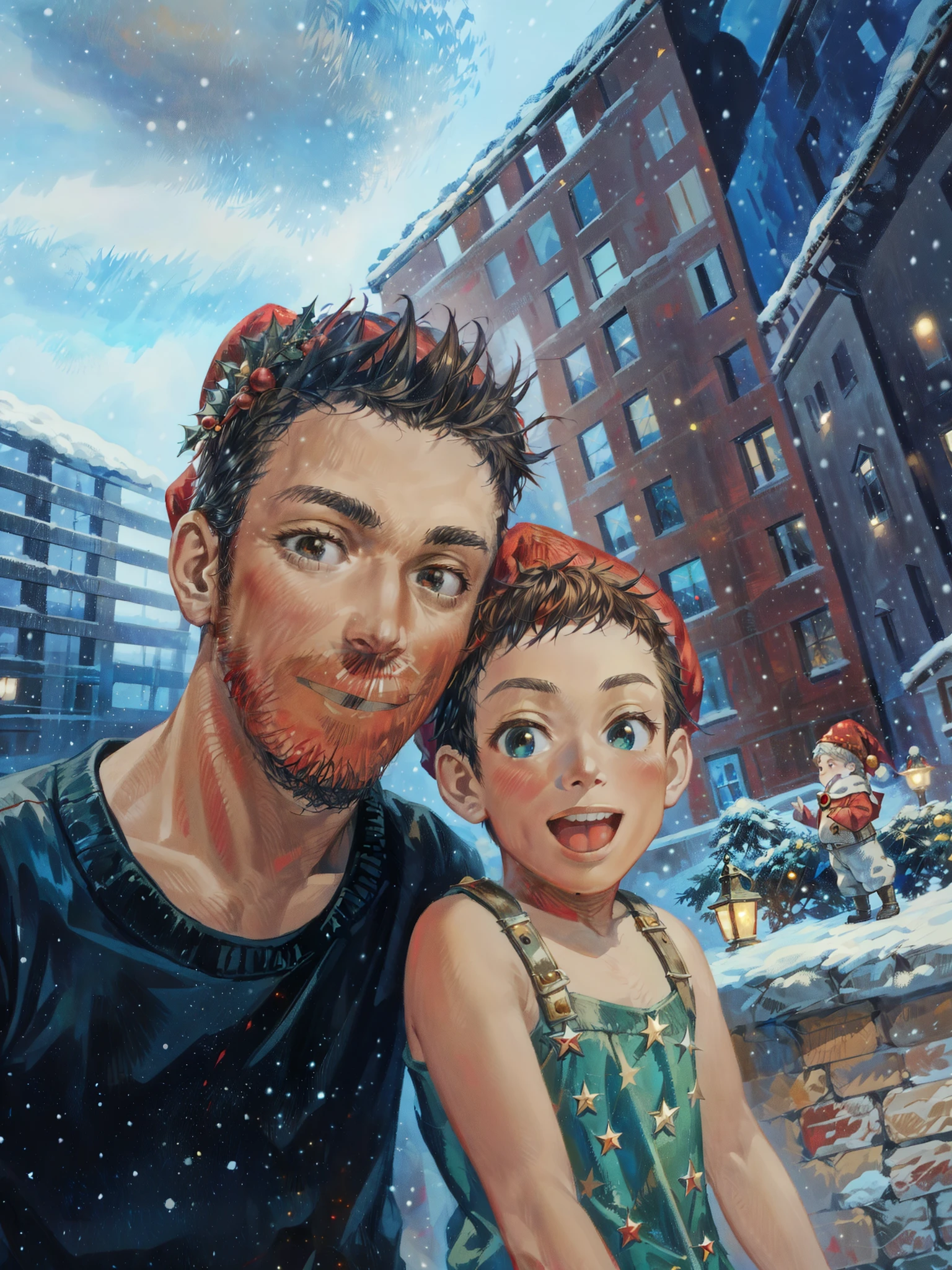 hd, (best details), (best quality), disney style, happy, masterpiece, best quality, high resolution, christmas, lights, snow, young people, (((red Christmas hat))) Christmas decoration,there is a man and a boy that are standing together,