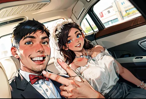 There is a man and a woman sitting in the car, Happy couple, wedding photo, cute couple, The woman is very old,V-sign