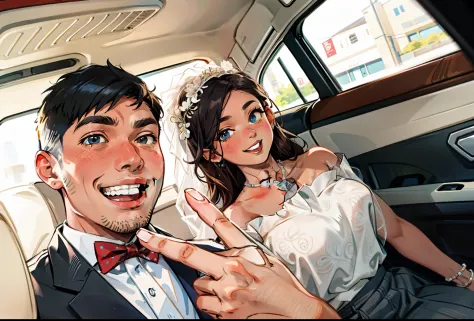 there is a man and a woman sitting in the car, happy couple, wedding photo, cute couple, the woman is very old,v-sign