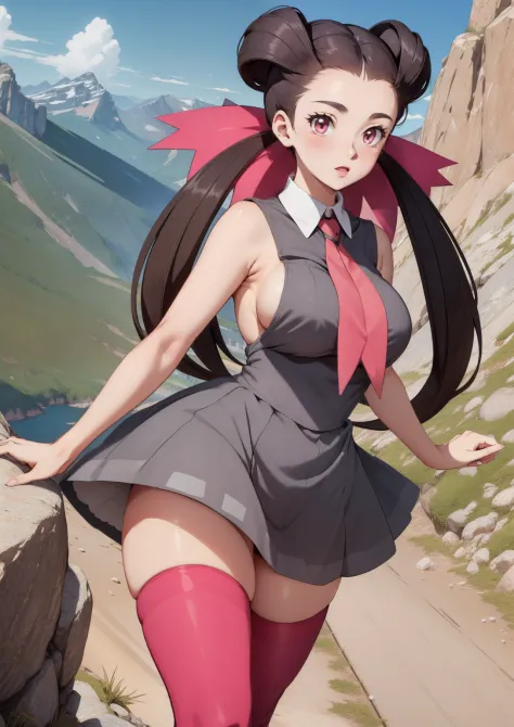 masterpiece, best quality, roxanne, twintails, hair ribbon, ascot, grey dress, sleeveless (pink thighhighs), shoes, walking up a mountain, blue sky, thick thighs, huge breasts, sideboob