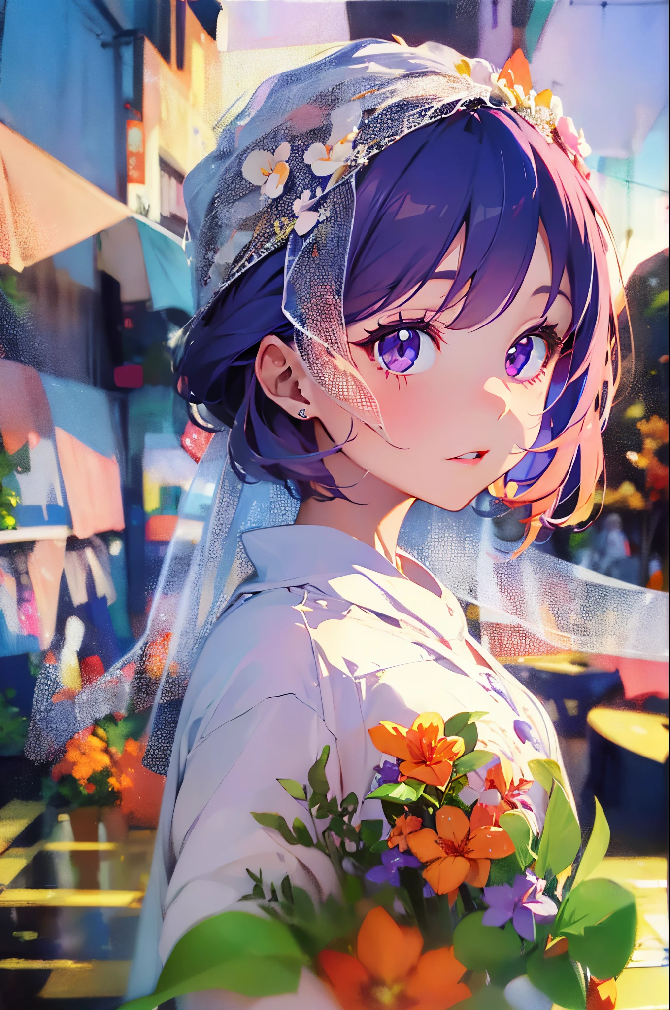 ​masterpiece、high detail girls（（独奏、a beauty girl、doress、Hair ornaments with attention to detail、Hair is tied up））、purple color  hair、Bun、Short Bob、Background with((fantastic wedding))、Glowing flower garden、diamond flower