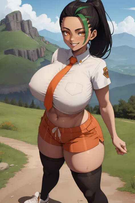 nemona \(pokemon\), white collared blouse, buttoned blouse, orange necktie, orange shorts, short shorts, (black thighhighs), white sneakers, full body shot, outside, mountain trail, happy, freckles, standing, holding pokeball, smile, curvy adult, midriff, ...