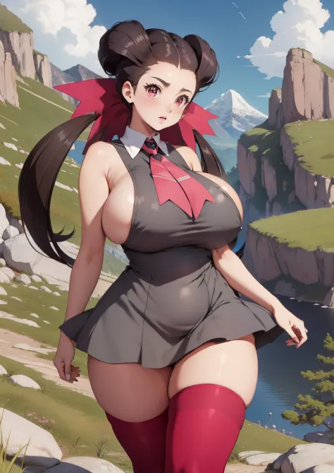 masterpiece, best quality, roxanne, twintails, hair ribbon, ascot, grey dress, sleeveless (pink thighhighs), shoes, walking up a mountain, blue sky, thick thighs, ((gigantic breasts:1.3)), sideboob