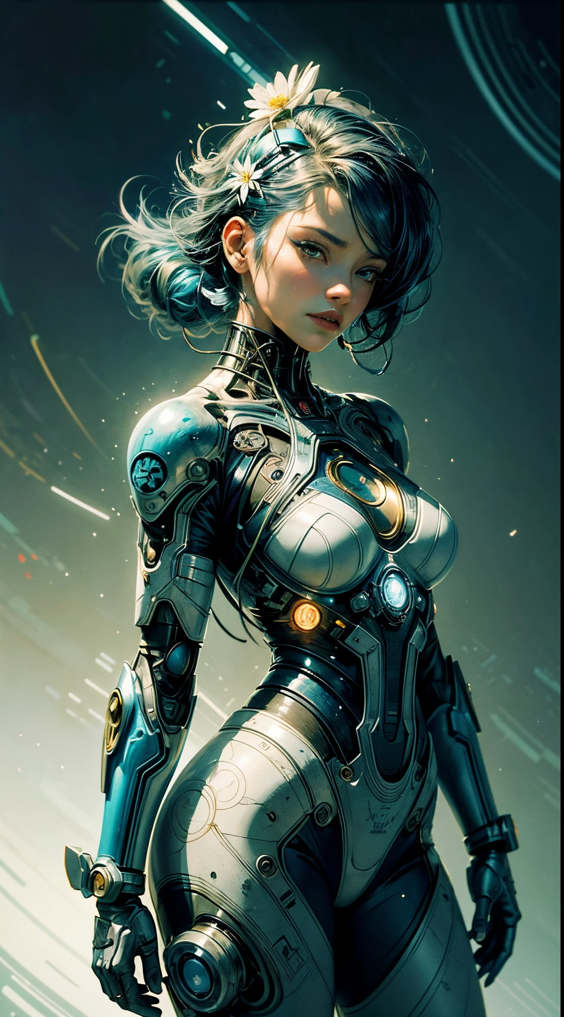 painting of a cyborg woman with a blue hair and a flower in her hair with cyber arms de costas, artgerm and james jean, anna dittmann alberto vargas, in style of anna dittmann, beautiful retro art, a beautiful artwork illustration, inspired by James Jean, james jean and wlop, james jean soft light 4 k, james jean soft light 4k, beautiful digital artwork
